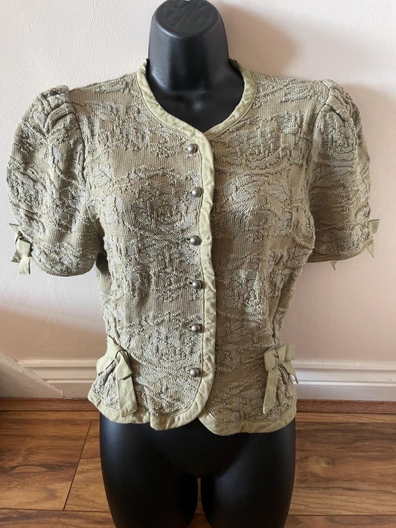 Vintage Pfister Austria Wool Cardigan: Khaki Green Rose Knit, Size 12