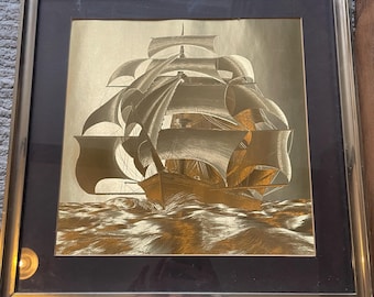 Vintage Dufex Foil Print: Old English Sailing Ship, Solid Wood