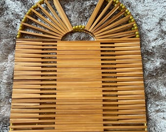Vintage 1960s Wooden Bamboo Slat Beaded Collapsible Shopping Tote Bag Retro Boho