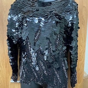 Vintage 1970s Sequin Top: Black Silk Beaded Disco Party Blouse