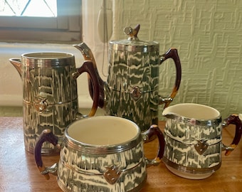 SELTENE Vintage 1930s Arthur Wood 4-teiliges Silver Shield Kaffee Tee- Gedeck Art Deco