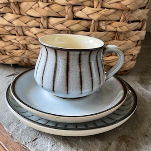 Set di tazza, piattino e piatto in ceramica Denby Studio Pottery a righe blu e marroni, vintage anni '60, per una persona, in ottime condizioni.