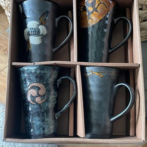 Set 4 Vintage 90s Black Glazed Studio Art Pottery Tall Coffee Mugs Boxed New