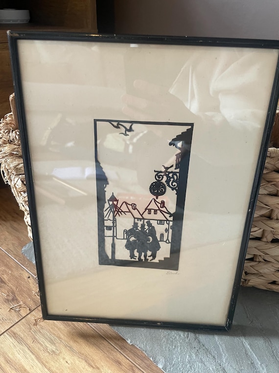 Vintage German Scherenschitte Paper Silhouette Art Framed 3 Men village Scene Signed Blecke