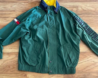 Giacca a vento Tommy Hilfiger vintage anni '90, dettagli verde navy (XL) Spellout