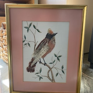 Vintage gold wood Framed Watercolour artwork Bird Picture Real Feathers pink mount cottage core regency gallery wall