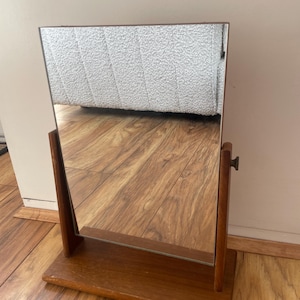Vintage 1940s Mid Century Danish Teak Rotating Dressing vanity Table Mirror & Stand Minimalist