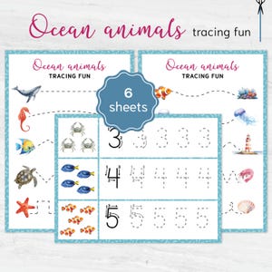 May include: Educational tracing sheets featuring ocean animals like whales, seahorses, and fish. The sheets include tracing activities for numbers 3, 4, and 5. The text reads "Ocean animals tracing fun" and "6 sheets".