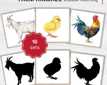 Farm Animal Shadows: Barnyard Montessori Matching Activity, Livestock Silhouette Flashcards