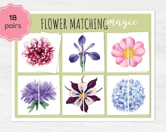 FLOWERS Symmetry Matching Puzzle Activity. Toddler Learning Activity. Montessori toddler materials. Symmetry Puzzle flower halves matching