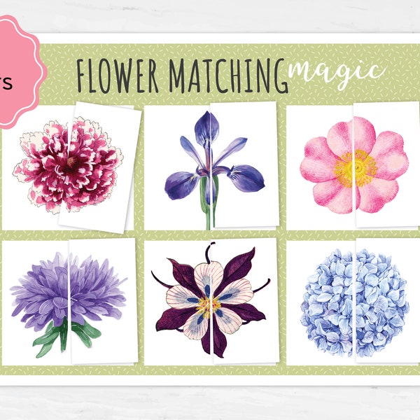 FLOWERS Symmetry Matching Puzzle Activity. Toddler Learning Activity. Montessori toddler materials. Symmetry Puzzle flower halves matching