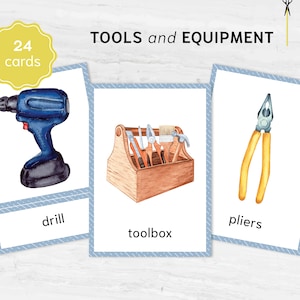 Watercolor TOOLS flashcards. Printable Homeschooling Materials. Nomenclature Learning. Educational 3 part cards.