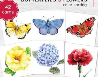 Juego de combinación de colores: Mariposas y flores (actividad imprimible para clasificar colores)