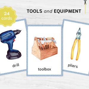 Aquarell WERKZEUGE Lernkarten. Druckbare Materialien. Nomenklatur lernen . Edukative 3-teilige Karten.