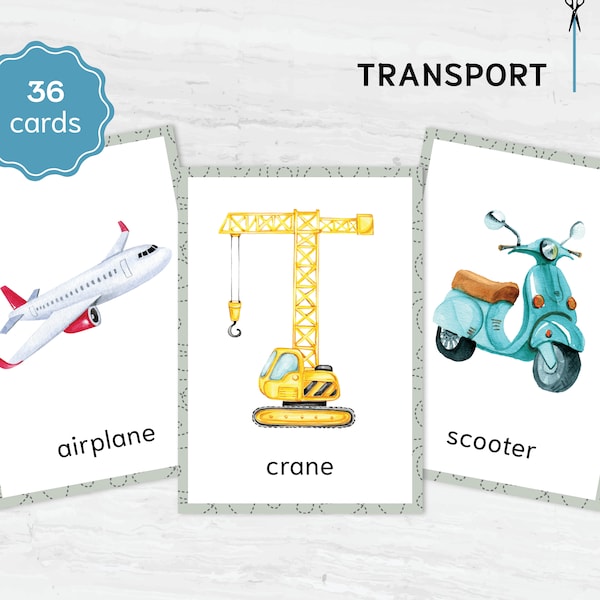 Printable Transport Flashcards for Montessori Learning - Watercolor 3 Part Vocabulary Cards