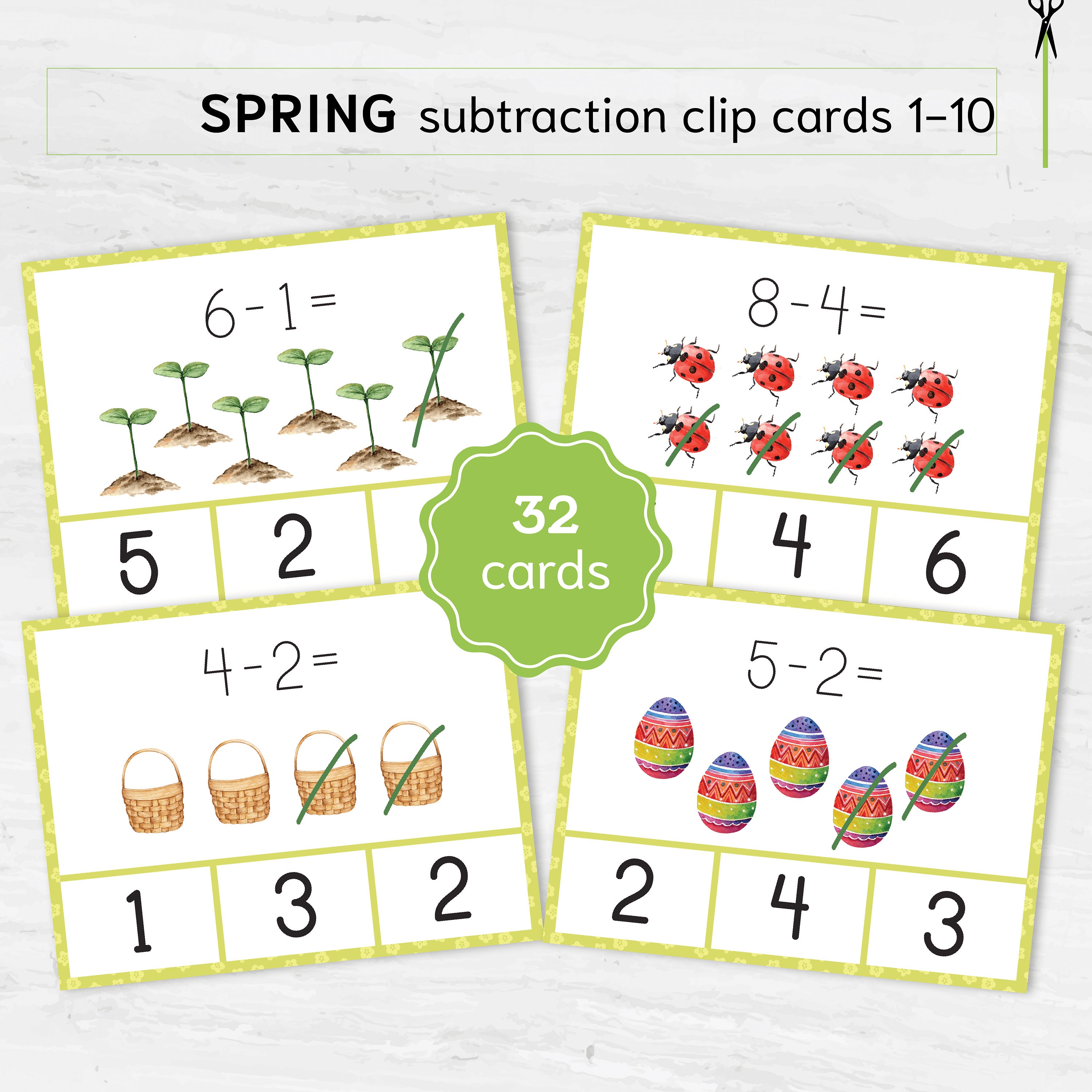 Spring Math Subtraction Clip Cards for Preschool | Montessori Math ...