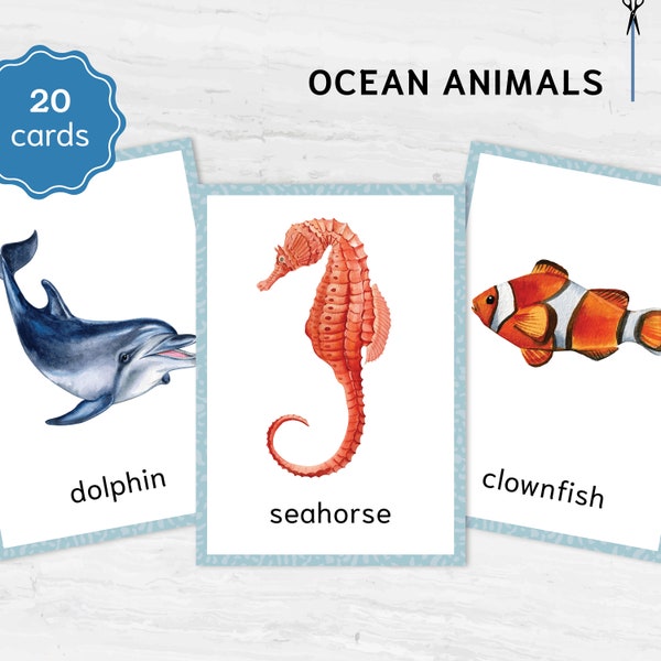 Sea Animals Flashcards for Montessori Learning - Educational Homeschool Resource, Watercolor Nomenclature Cards