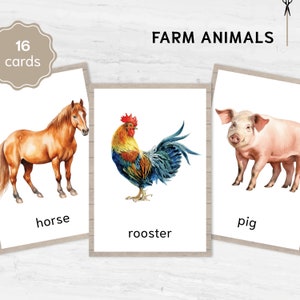 Tarjetas didácticas de animales de granja con acuarela. Material Montessori imprimible con tarjeta de vocabulario y nomenclatura