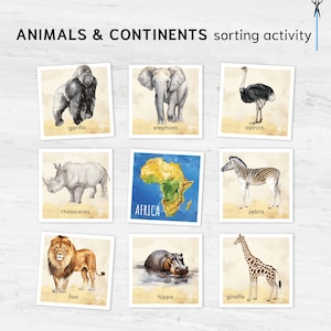 Tiere Kontinente Passendes Abenteuer. Druckbare Montessori Geographische Erkundung. BONUS: 7 Kontinente Poster.