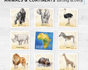 Animals Continents Matching Adventure. Printable Montessori Geographic Exploration. BONUS: 7 continents posters.