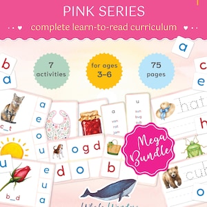 Puede incluir: Un plan de estudios completo de Montessori Pink Series para aprender a leer con 75 páginas y 7 actividades para niños de 3 a 6 años. El set incluye tarjetas con ilustraciones de un gato, sol, rosa, babero, mermelada, perro, bolso, sombrero y ballena.