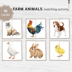 Schede di abbinamento degli animali della fattoria. Attività prescolare stampabile. Gioco educativo di memoria sugli animali