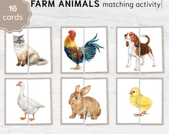 Schede di abbinamento degli animali della fattoria. Attività prescolare stampabile. Gioco educativo di memoria sugli animali.