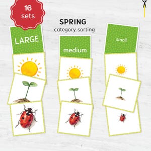 May include: A set of 16 spring-themed category sorting cards. The cards feature illustrations of a sun, a sprout, and a ladybug in varying sizes, labeled "large", "medium", and "small". The text "SPRING category sorting" is also present.