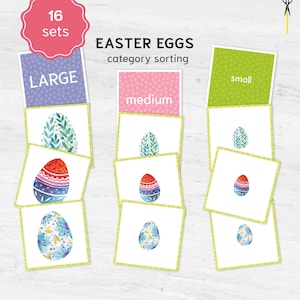 May include: Easter egg category sorting game with 16 sets. The game includes cards labeled "large", "medium", and "small". Each card features a watercolor Easter egg design. The eggs have colorful patterns and floral designs.