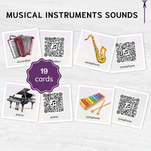 Puede incluir: Un conjunto de 19 tarjetas con instrumentos musicales. Las tarjetas muestran ilustraciones de acordeón, saxofón, piano y xilófono, junto con códigos QR. El texto "MUSICAL INSTRUMENTS SOUNDS" se muestra en la parte superior.