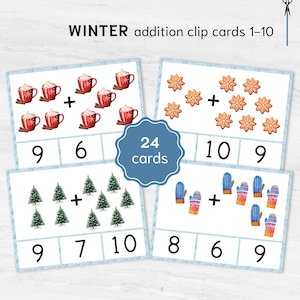 Comptage des additions et cartes à clip imprimables pour activités hivernales. Mathématiques préscolaires avec reconnaissance numérique. Feuilles d'exercices amusantes pour la pratique des mathématiques Montessori.