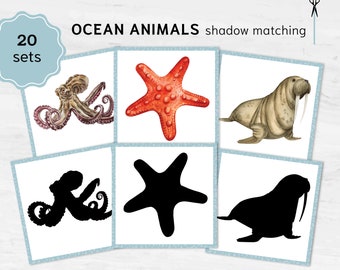 Carte abbinate all'ombra degli animali dell'oceano. Materiali didattici Montessori. Carte stampabili con animali marini ad acquerello.