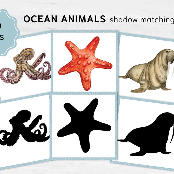 Ocean animals shadow matching cards. Montessori Educational Materials. Printable Watercolor sea animal cards.