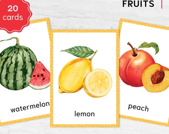 Watercolor Fruit Flashcards - Montessori Vibrant Learning Set, Printable Kids Vocabulary Cards for Homeschooling & Learning