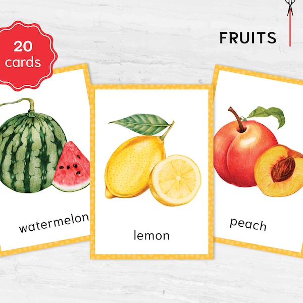 Flashcard Montessori sulla frutta. Set didattico per acquerelli vivaci per bambini. Strumento educativo per la costruzione del vocabolario e l'identificazione degli oggetti.