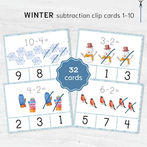 Puede incluir: Juego de 32 tarjetas de pinza de resta con temática invernal, numeradas del 1 al 10. Cada tarjeta presenta un problema de resta con ilustraciones invernales como copos de nieve, muñecos de nieve, mitones y pájaros. Se proporcionan las respuestas.