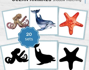 Ocean shadow matching cards. Printable Watercolor sea animal cards. Montessori Educational Materials.