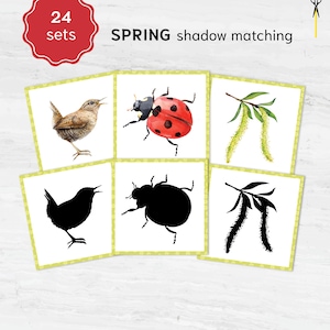 Puede incluir: Un conjunto de 24 tarjetas de emparejamiento de sombras con temática primaveral. Las tarjetas presentan ilustraciones en acuarela de un pájaro, una mariquita y amentos, junto con sus siluetas negras correspondientes. Se muestra el texto "SPRING shadow matching".