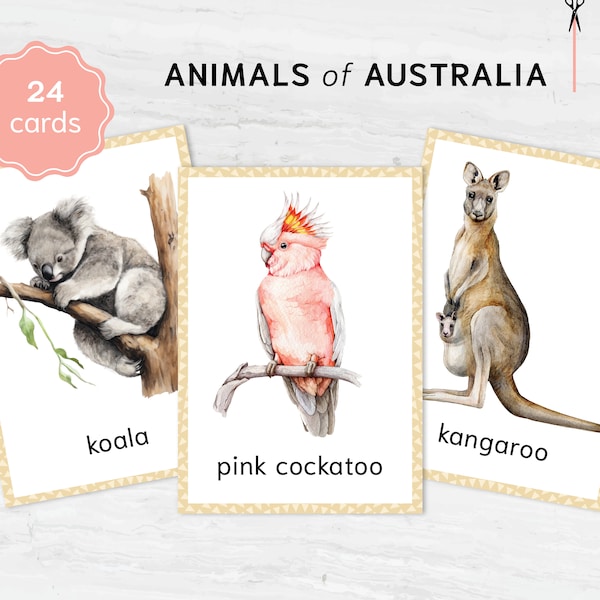 Colorful Australian Animals Flashcards for Montessori Education - Nomenclature Learning Cards for Homeschooling
