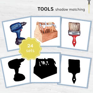 Tools Shadow Matching Cards - Little Builder's Match Activity: Montessori shapes printable flashcards.
