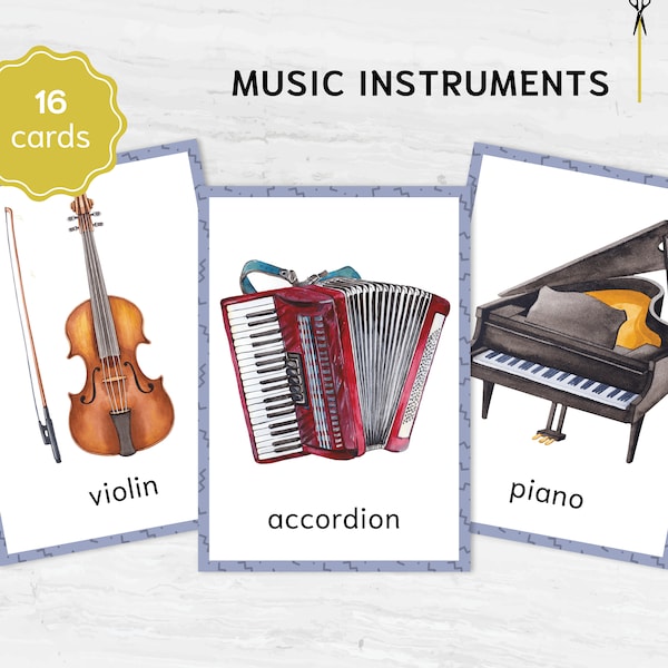Tarjetas didácticas de instrumentos musicales. Tarjetas imprimibles de acuarela Montessori de 3 partes.