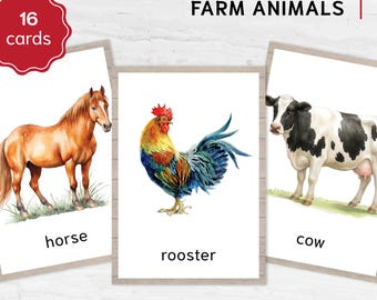 Watercolor Farm Animal Flashcards. Printable Montessori Material with Nomenclature Vocabulary Card