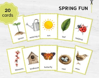 Montessori spring flashcards toddler activity with printable vocabulary. Educational Montessori Materials. Watercolor Homeschool Learning.