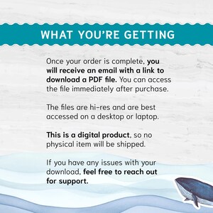 Pu&ograve; includere: Testo su uno sfondo blu con onde bianche e un'illustrazione di una balena. Il testo recita "What you're getting" e spiega che dopo l'acquisto, un file PDF digitale verr&agrave; inviato via email all'acquirente. Il testo afferma anche che questo &egrave; un prodotto digitale e che nessun articolo fisico verr&agrave; spedito. Il testo conclude dicendo che se l'acquirente ha problemi con il download, pu&ograve; contattare l'assistenza.