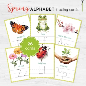 Tarjetas de trazado del alfabeto de primavera: actividad imprimible de aprendizaje de letras con temática de primavera para niños pequeños