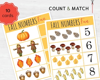 May include: Two educational cards with the text "FALL NUMBERS Fun" and "COUNT & MATCH". The cards feature illustrations of pumpkins, scarecrows, leaves, acorns, pine cones, mushrooms, and corn. Numbers 5, 6, 7, and 8 are displayed.