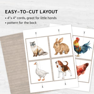 Pu&ograve; includere: Carte stampabili da 10x10 cm con immagini di un gatto, un coniglio, un gallo, un'oca, un cane e una gallina. Le carte sono progettate per essere tagliate facilmente e sono perfette per un progetto di artigianato o un'attivit&agrave; educativa.