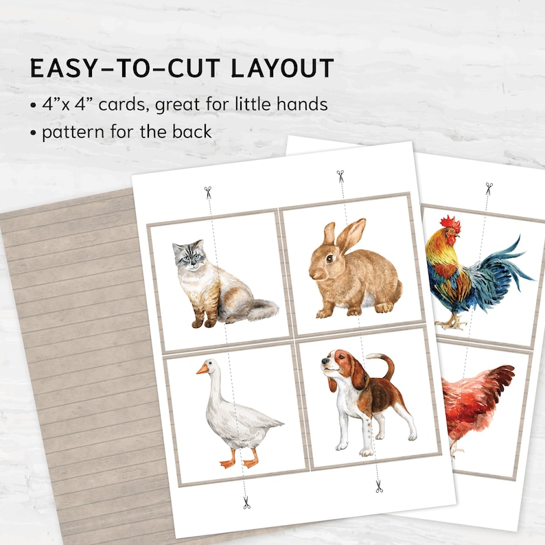 Pu&ograve; includere: Carte stampabili da 10x10 cm con immagini di un gatto, un coniglio, un gallo, un'oca, un cane e una gallina. Le carte sono progettate per essere tagliate facilmente e sono perfette per un progetto di artigianato o un'attivit&agrave; educativa.