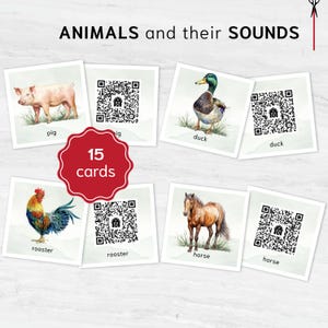 May include: A set of 15 cards featuring watercolor illustrations of farm animals, including a pig, duck, rooster, and horse. Each card has a QR code and the animal's name. The title "ANIMALS and their SOUNDS" is at the top.