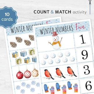 Attività di conteggio invernale per bambini piccoli. Attività di conteggio e abbinamento dei numeri invernali. Gioco stampabile di riconoscimento dei numeri per la scuola materna